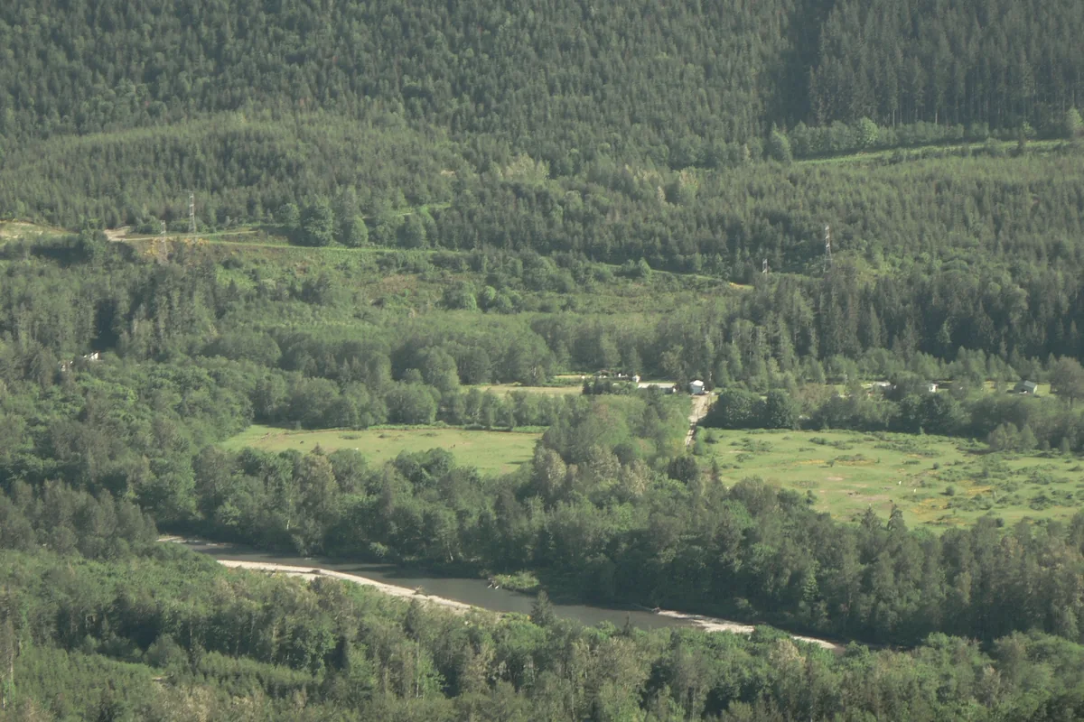 A river bending through a forested valley.